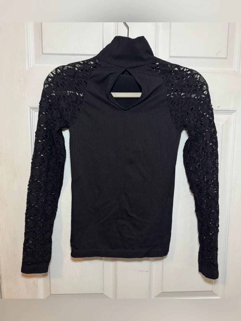 Intimately Free People Black Ribbed Fitted turtleneck Top Long Lace Sleeves